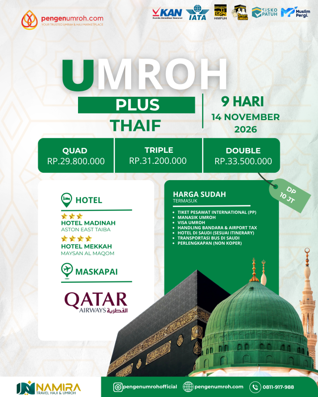 PAKET UMROH PLUS THAIF 14 NOVEMBER 2026