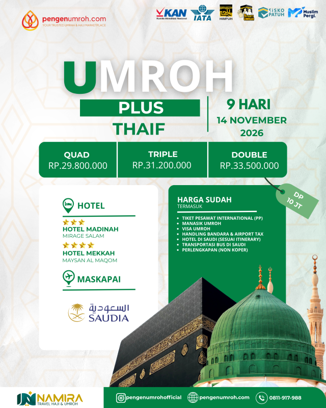 PAKET UMROH PLUS THAIF 14 NOVEMBER 2026