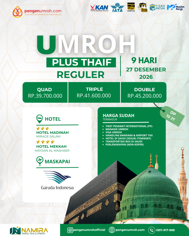 PAKET UMROH 27 DESEMBER 2026 PLUS THAIF (REGULER)